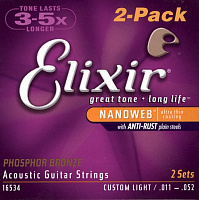 Струны для акустической гитары Elixir Nanoweb Custom Light 11-52 Phosphor Bronze (2 Pack) (16534)